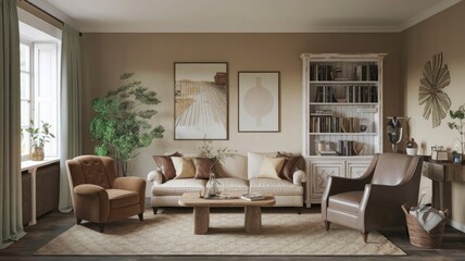 Fototapeta premium A living room with a couch chairs and a table with plants.
