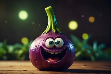 A funny cartoon onion with a whimsical face and expressive eyes. This illustration captures the playful essence of a quirky vegetable character, full of humor and charm.