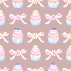 Cute sweet cupcake Watercolor seamless pattern with fruits and berries, decorated with flowers and a bow. Sweet  pattern for fabric, packaging paper, scrapbooking.