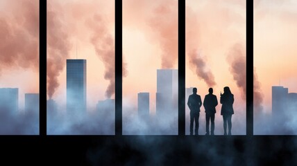 Fototapeta premium Silhouettes of four figures stand by a window, gazing at a smoky city skyline at dawn, creating a mysterious and atmospheric scene.