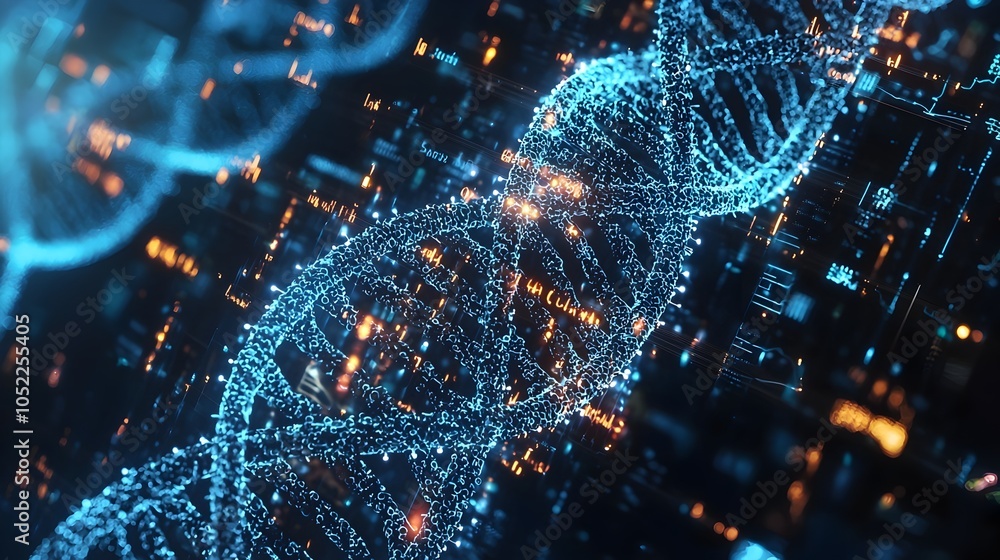 Poster digital visualization of genome sequencing with highlighted areas for genetic enhancement
