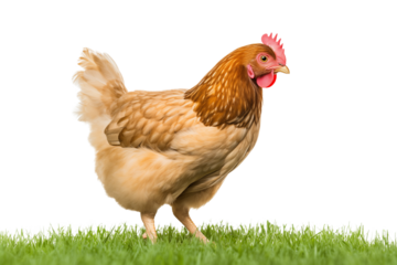 The hen on the green grass isolated on a transparent background.