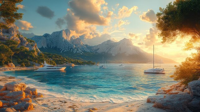 A photo of a natural landscape with the sea, mountain, the beach and yachts. energetic atmosphere, dramatic light. 3D render. hyper realistic photo for magazine