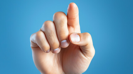 A hand gesture signifying a single point of focus in a minimalist blue background