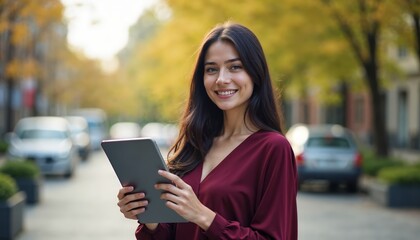 Fototapeta premium Smiling Young Woman Holding a Tablet Outdoors in a Bustling City Environment, Perfect for Technology and Lifestyle Themes