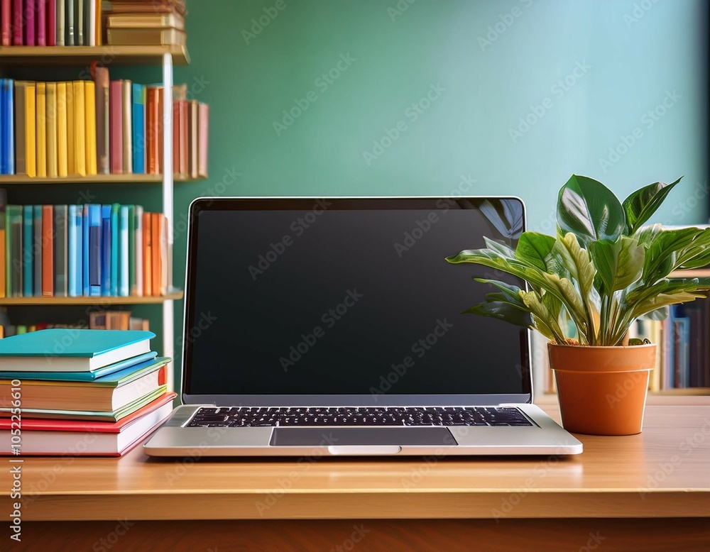 Poster a laptop is positioned next to a stack of colorful books on a library table complemented by a small 