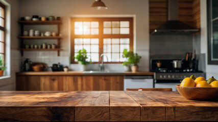 Wood table top on blur kitchen room background For montage product display or design key visual layout
