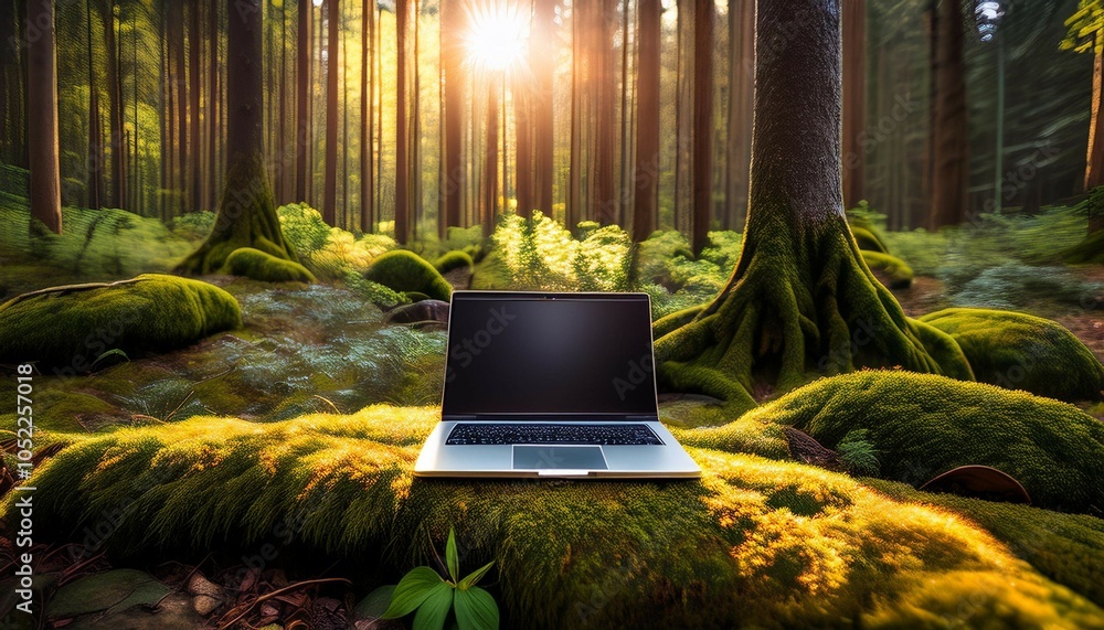 Poster a laptop rests on a patch of moss in a serene forest bathed in warm sunlight filtering through the t