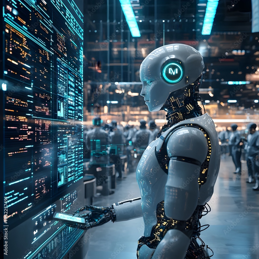 Poster futuristic ai powered trading floor with collaborative robot analysts optimizing portfolio performan