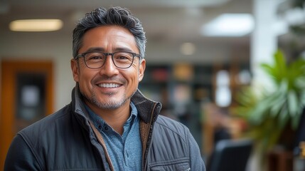 Fototapeta premium middle-aged hispanic business manager confidently using a mobile app on his smartphone, smiling in an office environment that emphasizes professionalism and approachability, inviting engagement