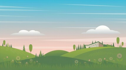 Obraz premium Peaceful countryside home. Serene landscape; idyllic house nestled in rolling green hills, conveying tranquility and peace.
