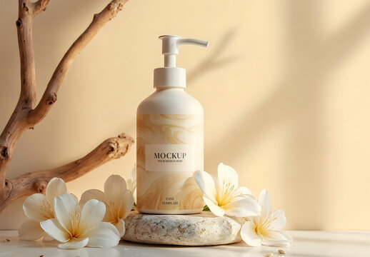 Cosmetic Dispenser Bottle Mockup on a Beige Background with Delicate White Flowers with Generative AI