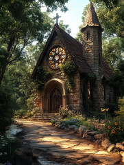 Fototapeta premium Charming stone church with stained glass windows nestled in a lush forest, perfect for serene wall art, posters, and nature-themed decorations.