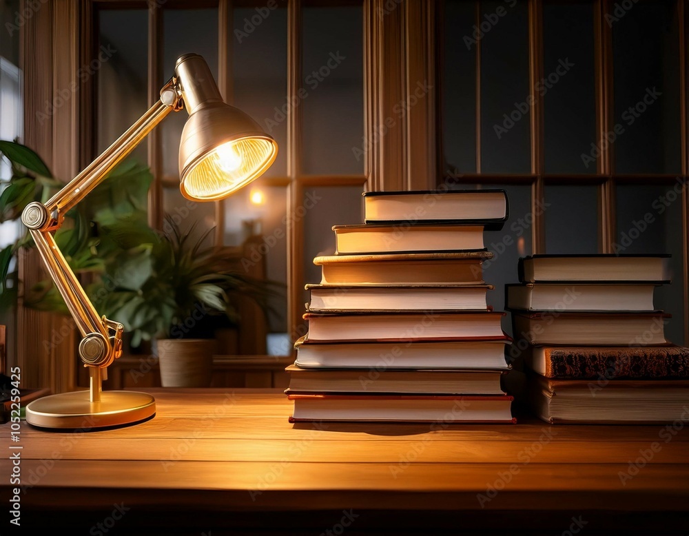 Poster a warm desk lamp casts a gentle glow on a collection of books stacked on a wooden table creating a c