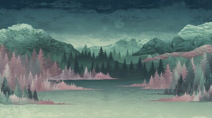 Serene mountain lake view. Tranquil landscape; evokes peace, calm, and the beauty of untouched nature.  A hidden sense of mystery and solitude.