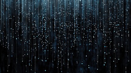 Abstract data stream background with vertical lines and glowing particles. Dark futuristic theme with blue accents and cascading effect.
