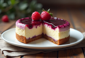 Blueberry cheese cake decorated with fresh raspberry and mint