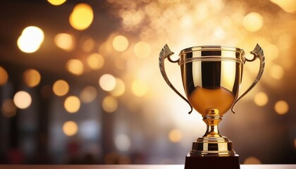achievement success in education awards concept golden trophy cup winner on bokeh background congratulation in university