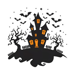 Silhouette of a haunted house on a hill with eerie bats and twisted trees against a crisp white background