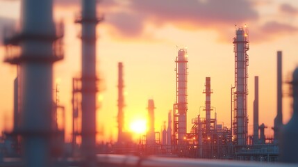 Obraz premium Oil refinery plant at sunset, glowing lights, massive industrial complex