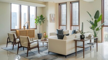 A living room with a couch chairs and a table with plants.