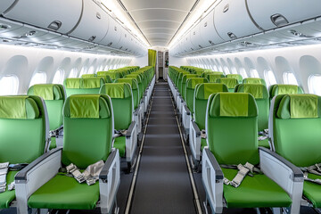 Naklejka premium spacious aircraft interior featuring green seating and modern design