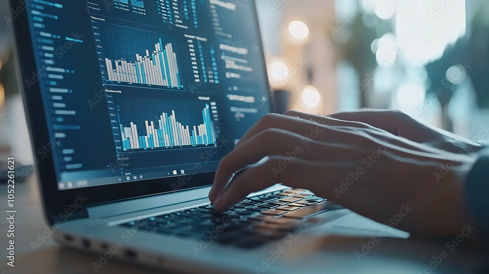 Poster Hands Typing on Laptop with Data Visualization on Screen