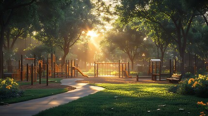 Obraz premium A sun-drenched playground in a park with a winding pathway leading to a swing set, slide, and other equipment. The morning sunlight filters through the trees, creating a warm and inviting atmosphere.