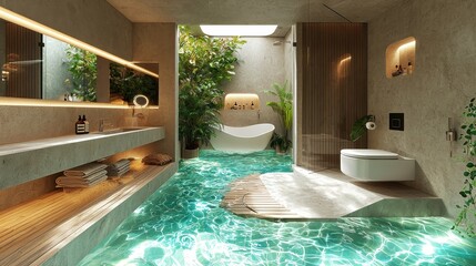 A bathroom with a smart mirror that doubles as a display screen for morning news, daily reminders, and real-time weather updates. Adjustable temperature-controlled floors and personalized lighting 