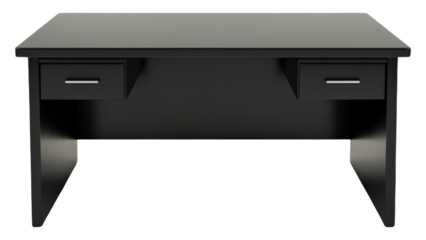 Sleek Black Desk with Minimalist Design and Dual Drawers.