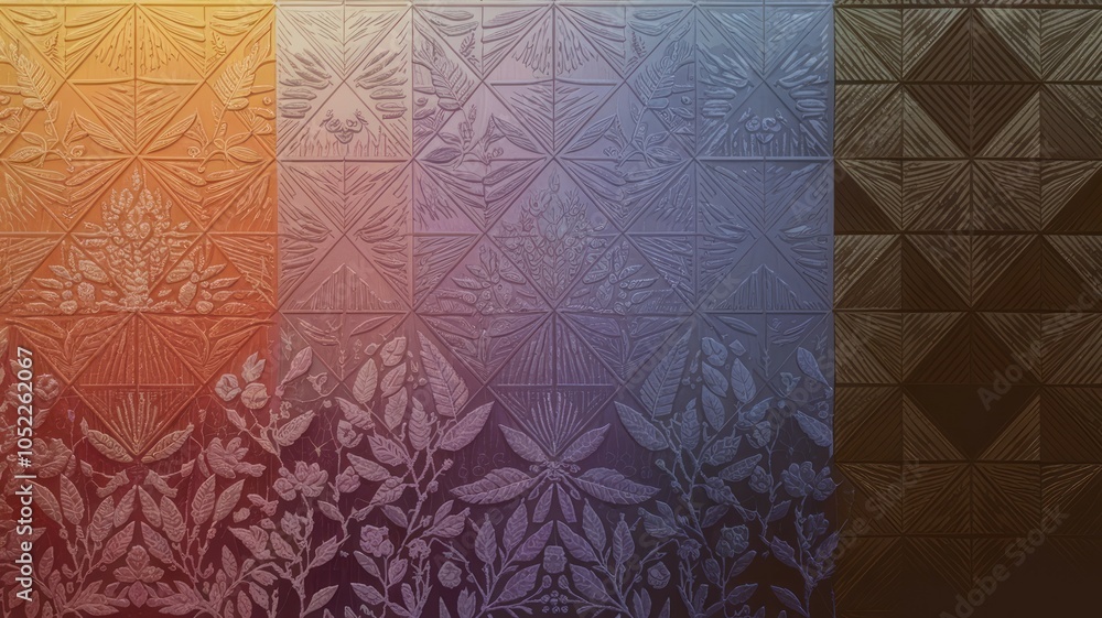 Poster geometric floral pattern design. intricate embossed texture; subtle color gradient evokes tranquilit