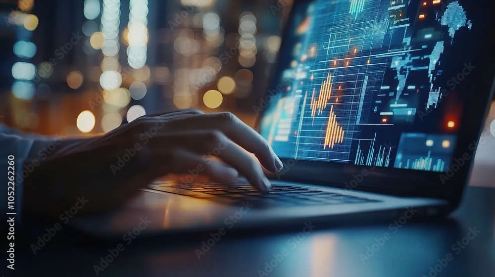 Poster digital analysis on laptop with visual data display