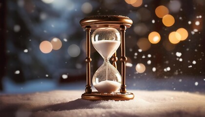 an antique hourglass sits gracefully as snow falls around it accompanied by blurred bokeh lights creating a peaceful winter ambiance