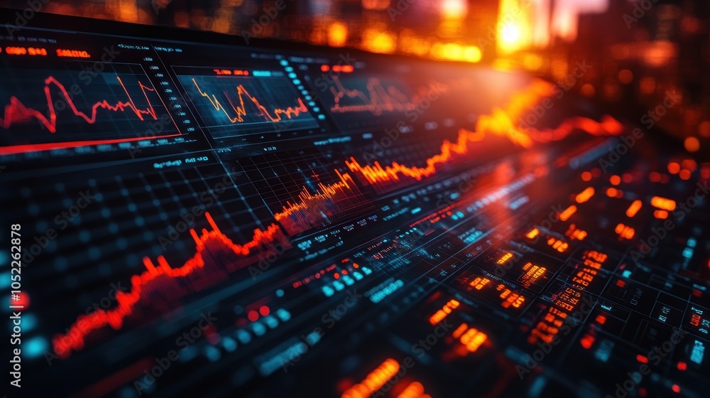 Poster digital financial data visualization with graphs and metrics.
