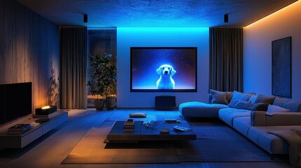 A contemporary living room with a holographic pet companion that can interact with family members and provide comfort. The pet display has AI emotions, bringing warmth and companionship to the 