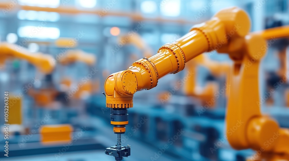 Poster a modern industrial robot arm in a factory setting, showcasing advanced automation technology and pr