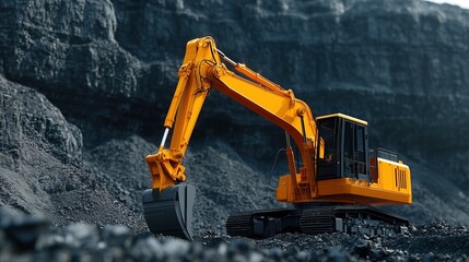 A yellow excavator is shown working in a rocky, industrial setting, highlighting its role in mining or construction activities.
