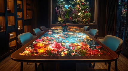 A dining room with a holographic table centerpiece that changes with the season, showcasing 3D virtual flowers or thematic visuals for each meal. Smart chairs provide comfort adjustments, blending 