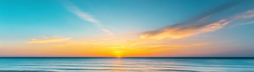 Fototapeta premium Dreamy summer sunset with radiant hues of yellow, orange, and blue, peaceful and calming skies over a tranquil ocean