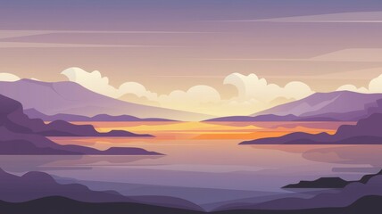 Fototapeta premium Serene sunset landscape. Peaceful evening scene; mountains meet tranquil water reflecting golden sunset hues. Tranquility and serenity.