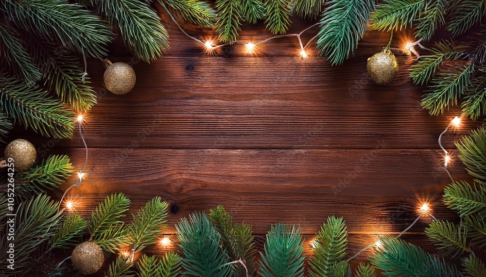 Poster christmas background with fir branches decorations and string lights in the frame and an empty space for content on rustic wooden table top view