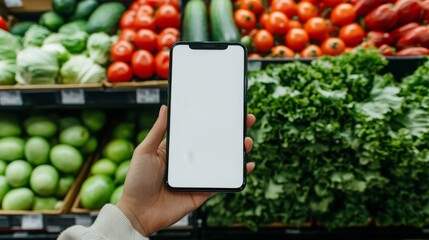 A hand presents a blank smartphone screen while surrounded by vibrant fresh vegetables including lettuce, tomatoes, and cucumbers in an indoor grocery store.