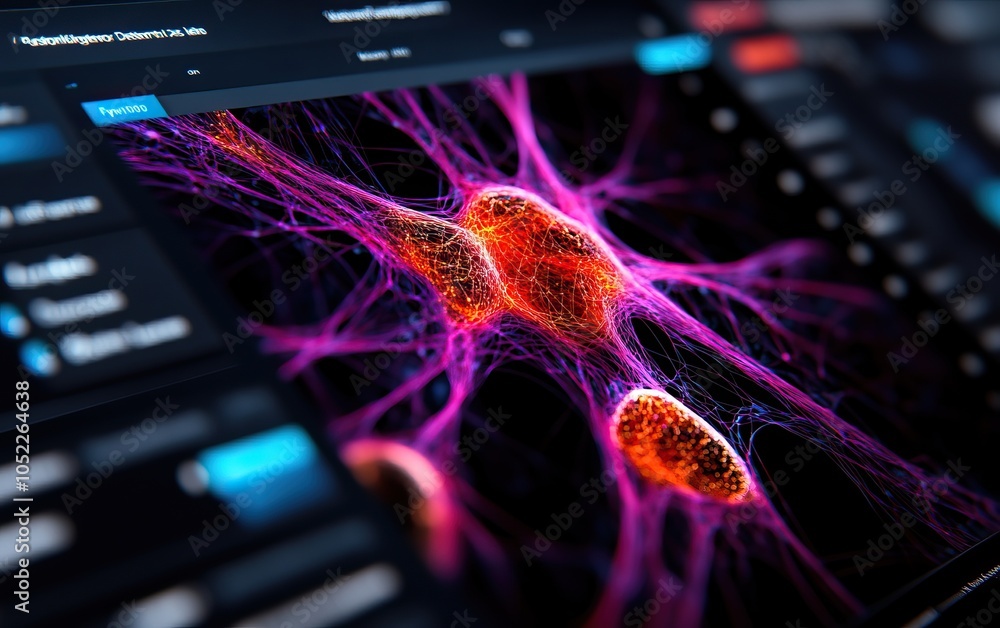 Poster the image features a vibrant visualization of neurons, showcasing intricate connections and glowing 
