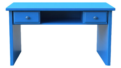 Vibrant Blue Desk with Two Drawers and Open Storage Compartment.