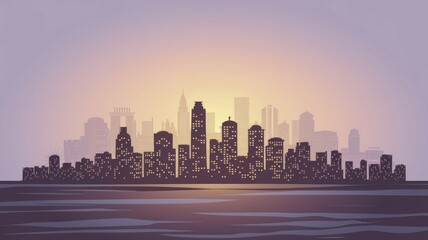 Obraz premium Cityscape sunrise skyline. Urban dawn, city buildings silhouette against a tranquil sunrise. Peaceful and hopeful feeling.