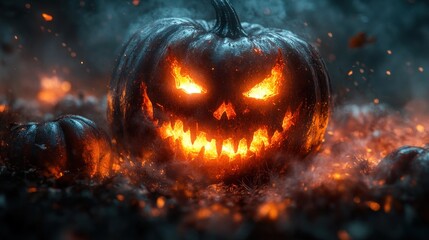 Naklejka premium A glowing, menacing jack-o'-lantern surrounded by smaller pumpkins.