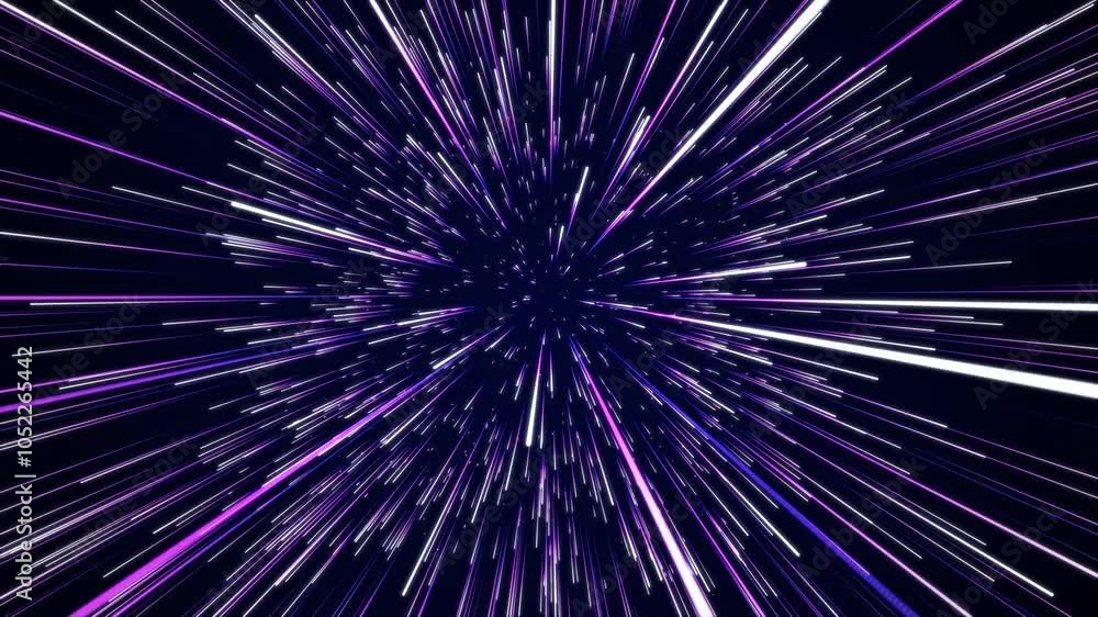 Poster Abstract blue hyper jump. Digital hyperspace with flow of bright particles. Beams motion in galaxy. Big stars explosion. Space glowing tunnel moving at the speed of light. 3d rendering.