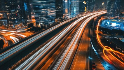 Beautiful nighttime overhead image of lit highway light trails that highlights the urban landscape and dynamic activity. Ideal for ideas of modern infrastructure, speed, and transportation.