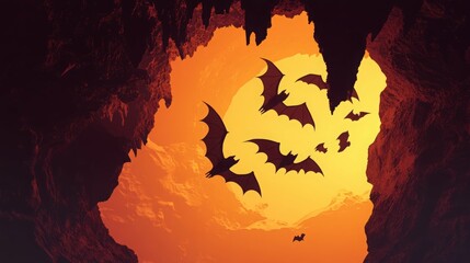 Silhouetted bats flying through a glowing cave entrance at sunset.