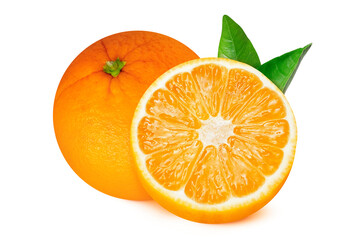 Whole orange and orange slice with leaves on isolated white background. Two oranges.